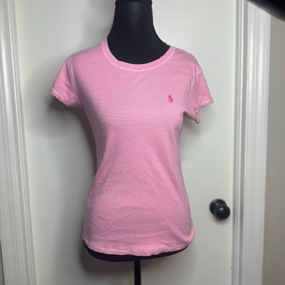 Ralph Lauren Pink & White Thin-Stripe Crewneck Short Sleeve Tee Women Medium